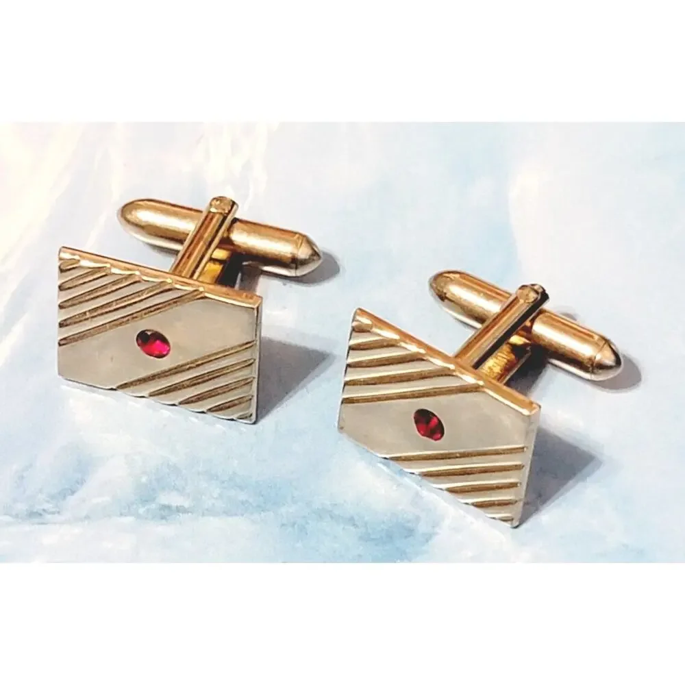Vintage‎ Swank Gold-tone & Red Rhinestone Rectangular Cufflinks- Mid-century cl-